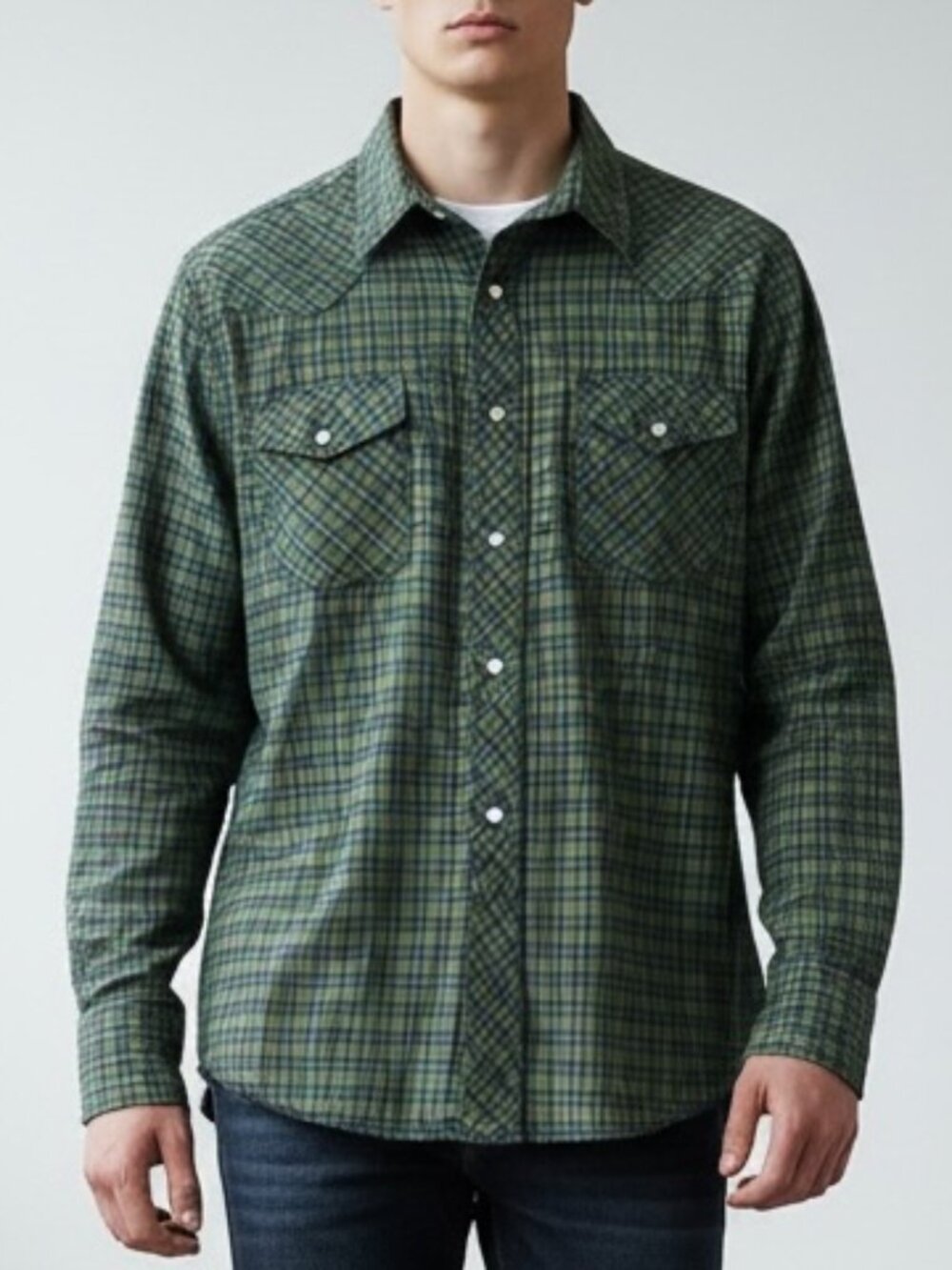 Wrangler western Shirt Men’s MEDIUM Green Plaid Pearl Snap Long Sleeve